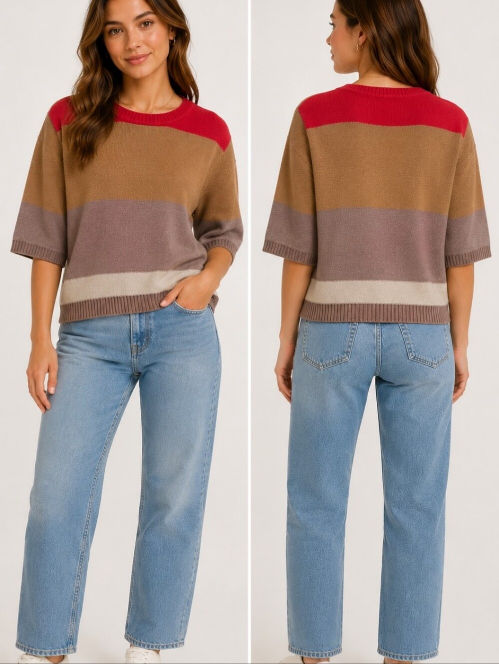Old Navy Red, Brown & Taupe Striped Crew Neck Sweater